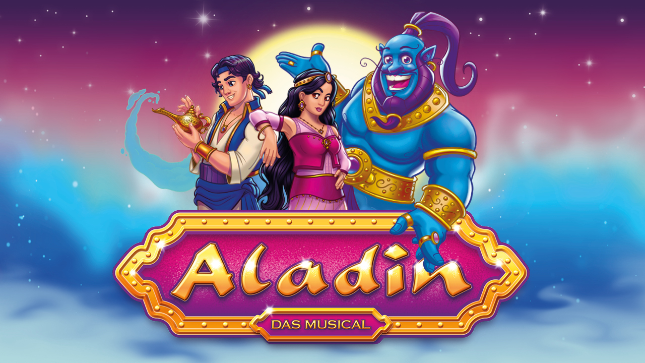 Illustrierte Figuren von Aladin, Prinzessin Jasmin und dem Dschinni vor einem märchenhaften Nachthimmel, darunter der Titel „Aladin – das Musical“, Illustration von Kai Wienen, © Theater Liberi.