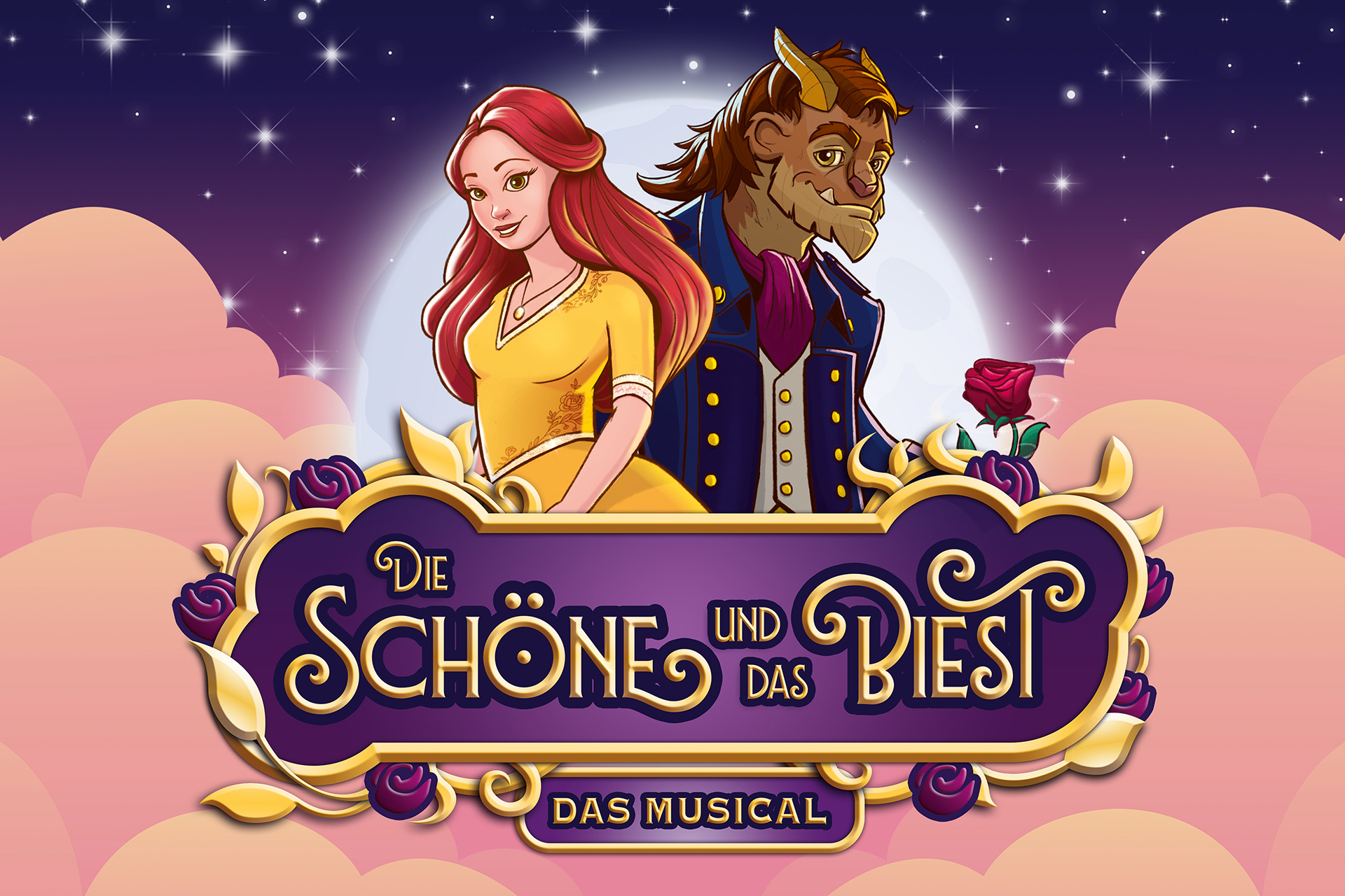 Illustrierte Figuren von der Schönen in gelbem Ballkleid und dem Biest mit Rose in der Hand, vor romantischem Himmel und dem Titel „Die Schöne und das Biest – das Musical“. Illustration: Kai Wienen, © Theater Liberi.