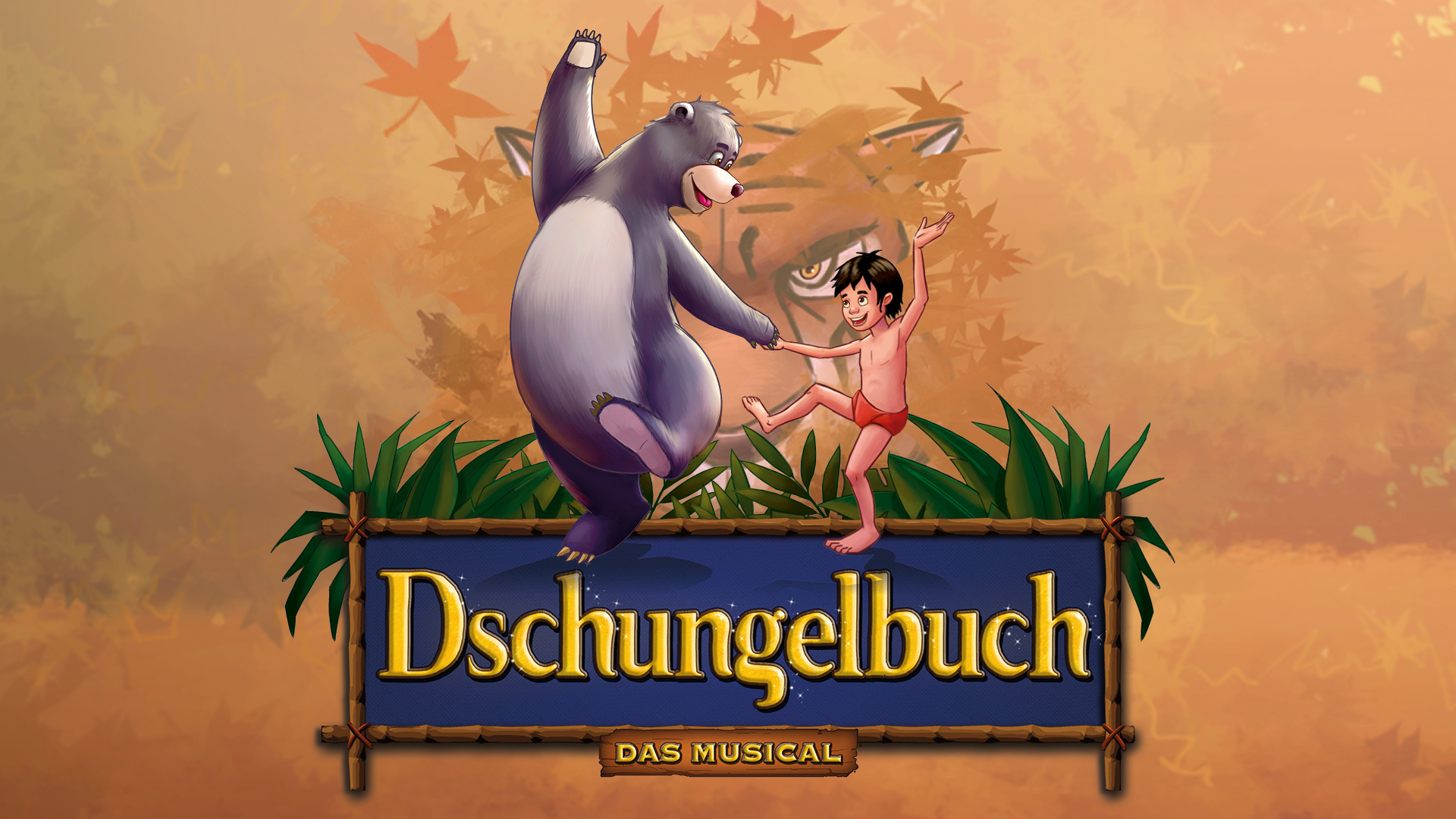 Illustration von Balu dem Bären und Mogli, die tanzen, vor einem Hintergrund mit dem Schriftzug „Dschungelbuch – das Musical“ und einem angedeuteten Tiger.