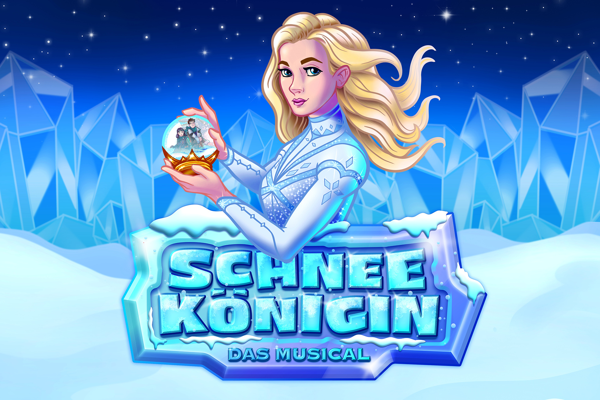 Illustration der Schneekönigin, die eine Schneekugel mit zwei Figuren hält, vor einem Hintergrund aus Eiskristallen und dem Schriftzug „Schneekönigin – das Musical“.