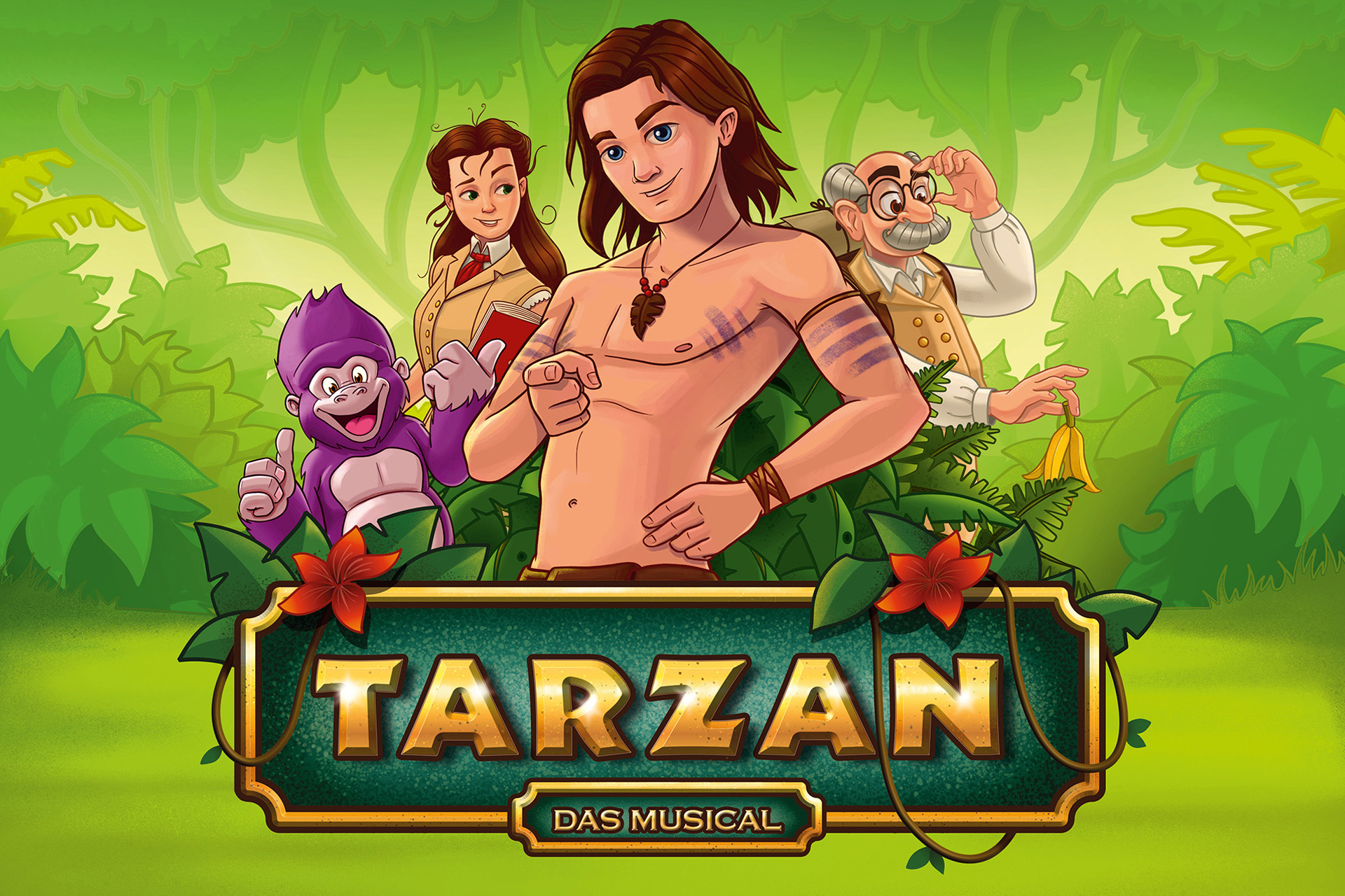 Illustration von Tarzan, der lächelnd mit verschränkten Armen und Daumen nach oben vor einer Dschungelszene steht, neben ihm ein lilafarbener Gorilla mit Daumen hoch.