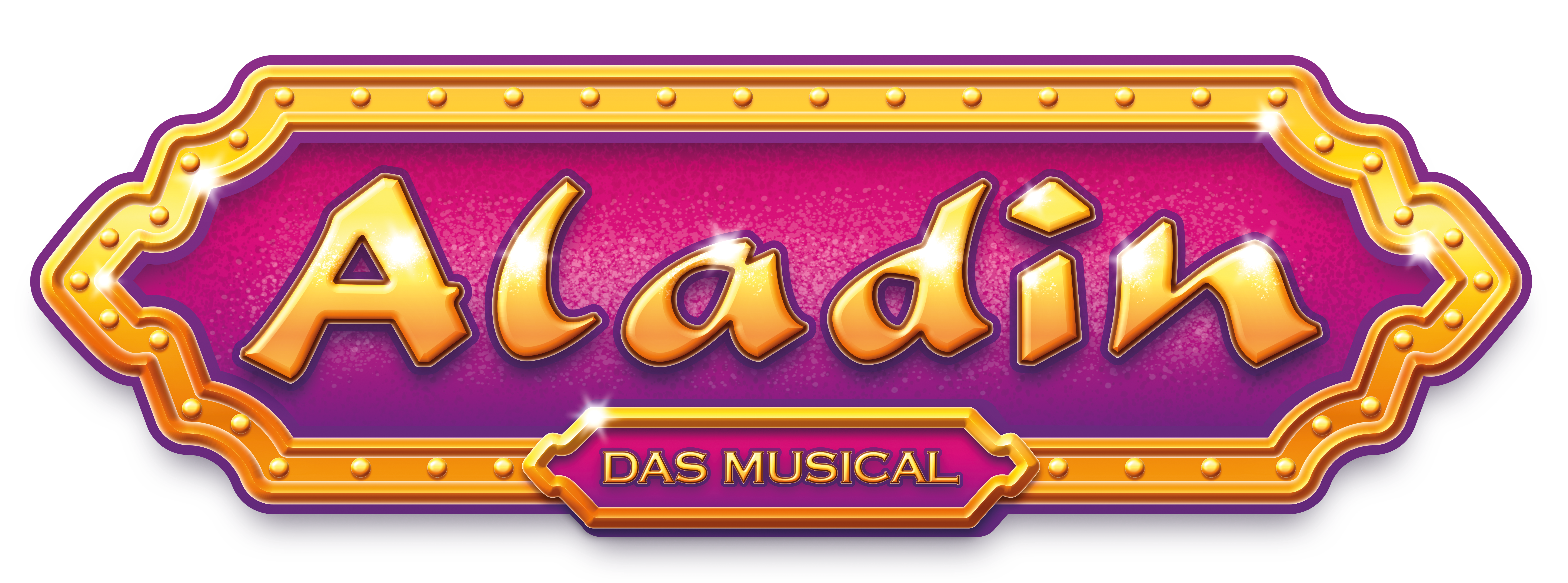 Glänzender, goldener Schriftzug „Aladin – das Musical“ auf einem violetten Schild mit orientalisch-verspieltem Rahmen und goldenen Nieten.