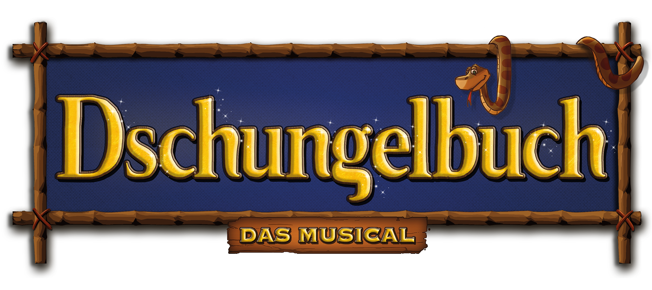Logo des Familienmusicals „Dschungelbuch – das Musical“ von Theater Liberi mit gelber Schrift auf blauem Hintergrund und gezeichneter Schlange im Rahmen